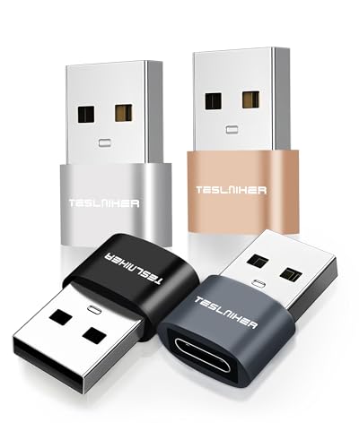 Teslniher USB to USB C Adapter 4 Pack, USB C Female to A Male Adapter, Type C to USBA Charger Converter Compatible with iPhone 16 15 14, iPad Pro Air Mini, S24 S23