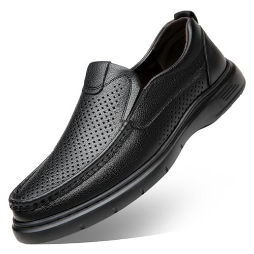 Mens Breathable Hollow Leather Slip-On Flats Loafers Casual Lightweight Comfort Round Toe Boat Shoes for Business Party Walking Driving