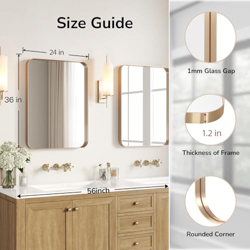 Image of USHOWER Gold Bathroom Mirrors 24 inchx36 inch 2 Pack, Brushed Champagne Gold Rectangle Mirrors for Over Sink, Aluminum Frame, Anti-Rust, Tempered Glass, Horizontal or Vertical Mounted