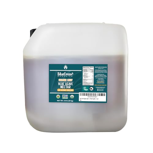 BLUE GREEN ORGANICS Light Blue Agave Nectar - 44 lb Bulk Pail - Certified Organic &amp; Non-GMO Natural Sweetener - Mild Flavor Sugar Substitute for Coffee, Tea &amp; Baking - 4 Gallon Restaurant Size