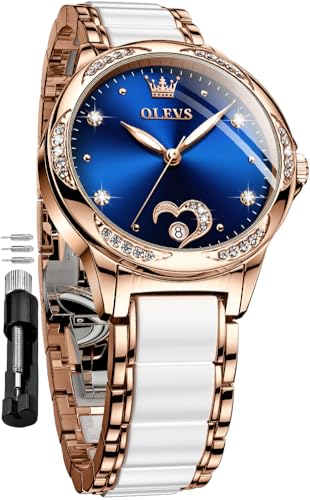 Image of OLEVS Automatic Watch for Women Self Winding Mechanical Ladies Diamond Wrist Watch Luxury Dress Rose Gold Ceramic Watch for Women Love Heart Date