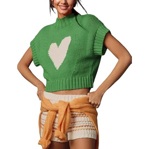 Fenghualzzniya Women Cap Sleeve Sweater Vest Cute Heart Print Mock Neck Sweaters Knitted Pullover Tank Tops Valentine's Day Gift, Green, Small Cover