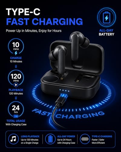 Image of Wireless Earbuds Bluetooth 5.3 TWS Earbuds with Deep Bass, ENC Noise Cancellation, Touch Control, HD Mic, Type-C Fast Charging, Low Latency Gaming Earbuds for Android iOS Smartphones
