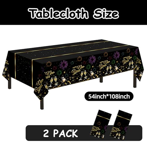 Image of Childom 2 Pack Happy New Year Tablecloths,Happy New Years Decorations 2026,Disposable Rectangular Tablecloths Plastic 54 inchx108 inch,Black and Gold Table Cloth for Home Dining Outdoor Holiday Party Supplies