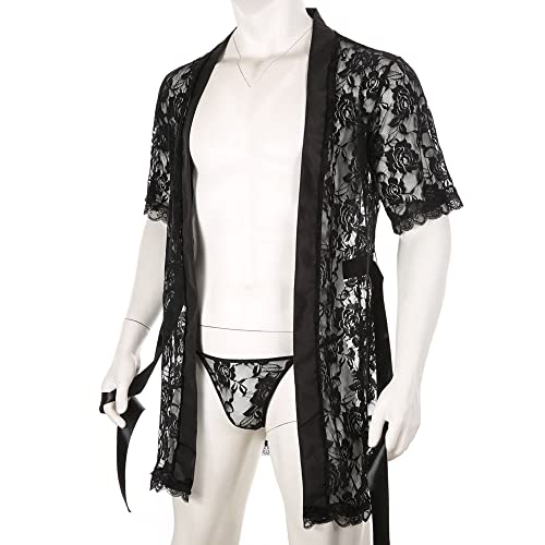 Men Lace Kimono Robes Long Sleeve Sexy Mesh Sheer Belted Cardigan Bathrobes See Through G-String Thong Sleepwear 3 Piece4