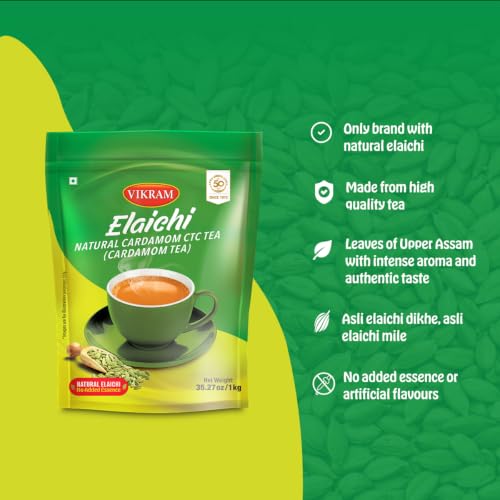 Image of VIKRAM Elaichi CTC Tea | 1 Kg | 100% Natural Ground Cardamom blended with Assam Tea | Flavorful, and Aromatic Blend Perfect for a Bold and Refreshing Brew | Premium Black Powder | No Added Essence