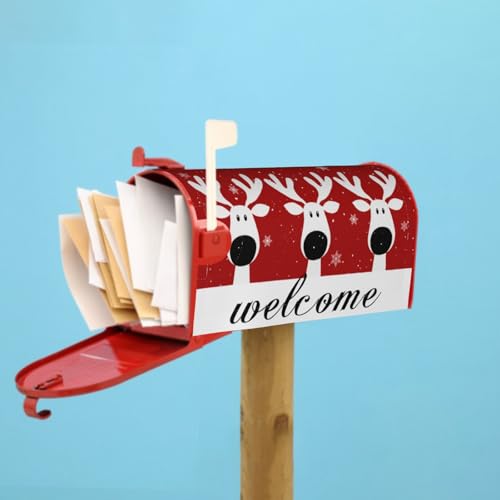 Image of Christmas Reindeer Mailbox Cover Magnetic, Welcome Winter Snowflakes Xmas Elk Mailbox Wrap, Standard Size 21x18 Inch Waterproof Letter Post Cover for Garden Yard Outdoor Outside Decor
