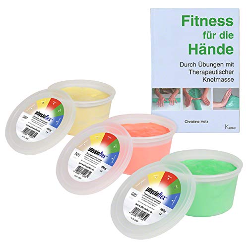Physioflex Therapie-Knetmasse, Set: 450 g, Soft, medium, Strong, inkl. Buch Cover