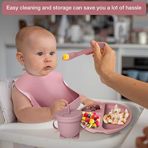 Mutualproducts - Baby Feeding Set 8-Piece | Baby Led Weaning Utensils Set Includes Suction Bowl And Plate, Baby Spoon And Fork, Sippy Cup With Straw And Lid | Baby Feeding Supplies Set (Peach Pink) #TOP4