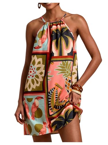 Image of SweatyRocks Women's Tropical Print Halter Dresses Sleeveless Holiday Summer Mini Dress