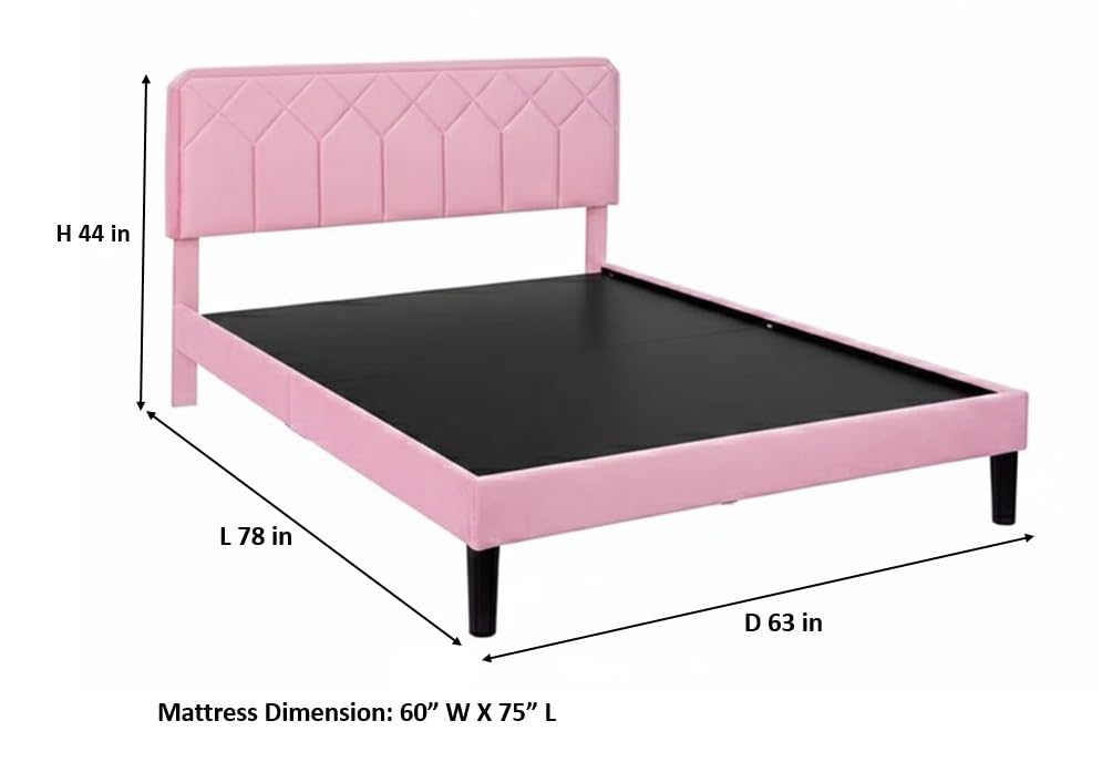 Image of APRODZ Queen Size Bed | Upholstered Platform Bed Frame with Velvet Tufted Headboard & Wooden Slat Support | Bed Queen Size Without Storage | No Box Spring Required | Black Wooden Legs Pink Fabric