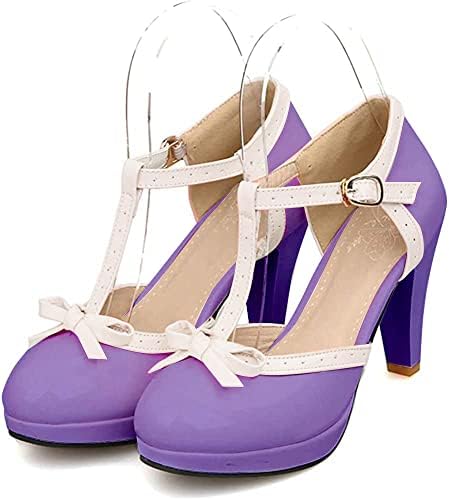 ForeMode Fashion Women T-Strap High Heels Bow Platform Round Toe Pumps Leather Summer Sweet Shoes(Purple,12) | Image 1