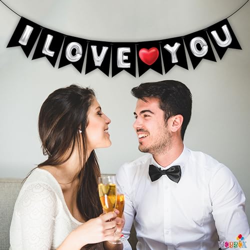 Image of Wobbox Black & White Balloon Text inchI Love You inch Bunting Banner for Anniversary, Pre-Wedding & Wedding, Love Banner for Decoration