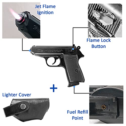 Image of Metallic Gun /Pistol Shape Barrel Pull Back System & Holster Pocket Lighter Pocket Lighter | 508 Gun Lighter with Cover Pocket Lighter (Black)