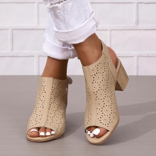 ZDLJLY Peep Toe Booties Women, Ankle Booties Skeleton Boots Hook & Loop Strap Cut Out Mid Block Heel Sandals for Women2