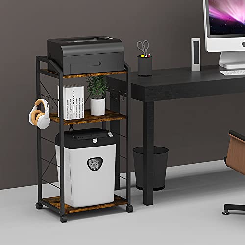 Vedecasa Large 3-Tier Mobile Printer Stand Rustic Wooden Computer Tower Stand Pc Stand Cpu Stand Retro Farmhouse Printer Shelf For Home Office Kitchen Organizer Storage With 8 Hooks Caster Wheels #TOP1