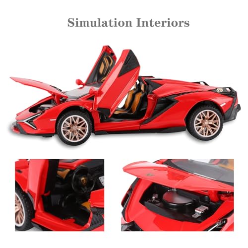 Image of 1:32 Open Lamborghinii Sian Diecast Toy Car Metal Pull Back Vehicle with Openable Doors Lights & Sound Collectible Gift Toy for Kids Boys & Girls Fun & Realistic Design (Red)