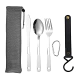 JDNFKG 3 Pezzi di Vasellame da Viaggio, 1 Gancio, 1 Pezzo di Custodia, Coltelli in Acciaio Inossidabile, Forchette E Cucchiai, Stoviglie Portatili, Forniture da Campeggio All'Aperto.
