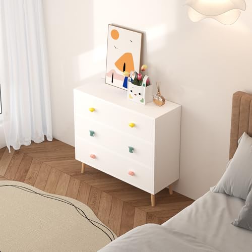 Image of 3-Drawer Chest of Drawers with Colorful Cartoon Handles, Anti-Dumping White Dresser with Solid Wood Legs,Storage Cabinet for Living Room, Closet, Apartment