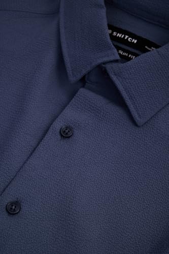 Image of SNITCH Men Casual Shirt | Slim Fit Long Sleeve Spread Collar Vertical Crinkle Textured Pattern | Breathable Polyester Blend & Stretchable Fabric for Casual Outing & Everyday Use