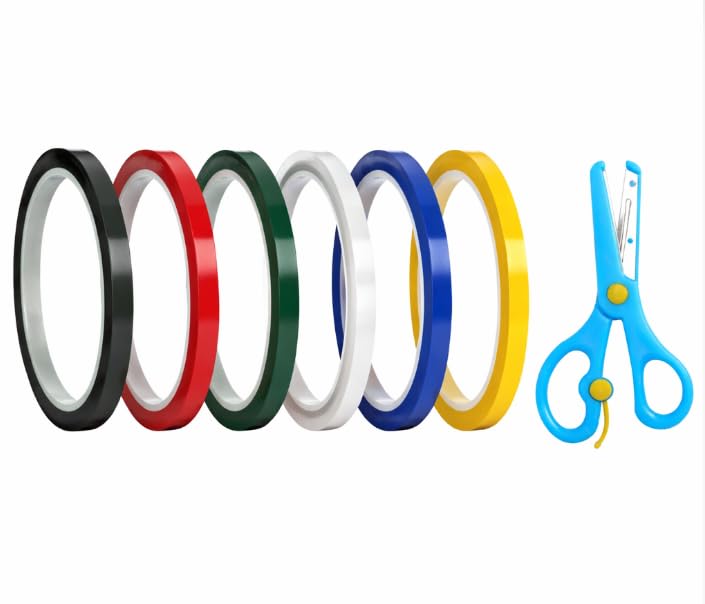 FIUTEKO 6 Colores Cinta Adhesiva de Pizarra Blanca,Cinta Aislante de PET 5mm x 66m con Tijeras Fine Line Tape Ideal Marcado de Rejilla para Etiquetado Oficina Manualidades Cableado Escuela Bricolaje