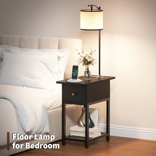 Image of runjuly Floor Lamp with Table, Side Table with LED Light and Charging Station, Narrow End Table with Lamp Attached, Nightstand with Storage Drawer for Living Room, Bedroom, Black