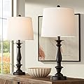 Regency Hill Percy Traditional Table Lamps 26" Tall Set of 2 Dark Bronze Brown Metal Candlestick White Tapered Drum Shade for Bedroom Living Room House Home Bedside Nightstand Office Family
