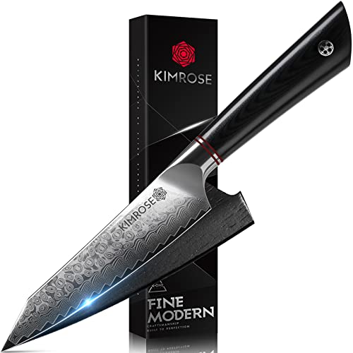 Kimrose Damascus Utility Knife - 5 Inch - 67 Layers 10Cr15Comov Alloy Steel - Black G10 Handle - Razor Sharp Kitchen Knife - Petty Knife, Paring - Wooden Magnetic Sheath - Luxury Gift Box #TOP5