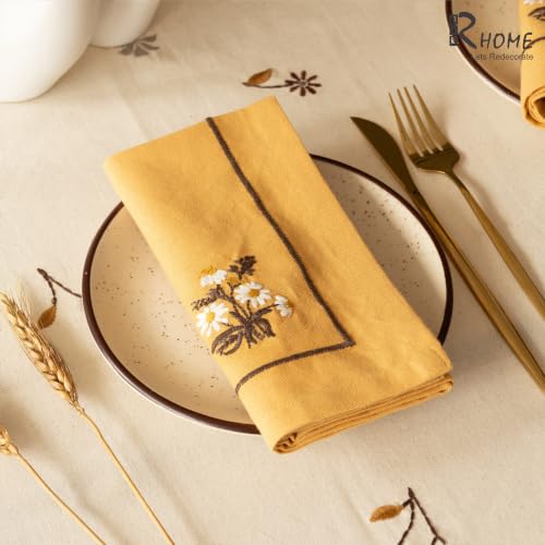 Image of Golden Daisy Embroidered Cotton Napkins Set of 6, 16x16 Inch, Floral Yellow Flower Dinner & Cocktail Napkins, Reusable Machine Washable Cloth Napkins for Dining Table, Tea Party & Home Decor