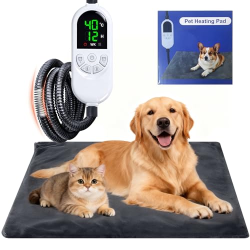 Qoosea Tappetino Riscaldante per Gatti e Cani 45x70cm, Tappeto Termico per Animali con 30-60°C Temperatura Regolabile e Timer, Cuscino Termico Elettrico Cane Sicuro con Cavo Anti-Morso