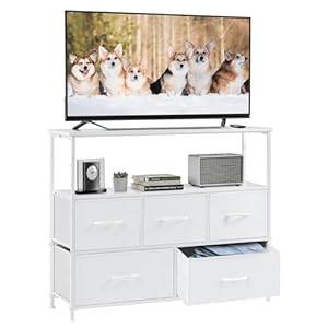 DUMOS TV Stand Dresser for Bedroom Entertainment Center with 5 Fabric Drawers Storage Organizers Units, Media Console Table with Open Shelf up for 45″ Television for Living Room, Dorm, White