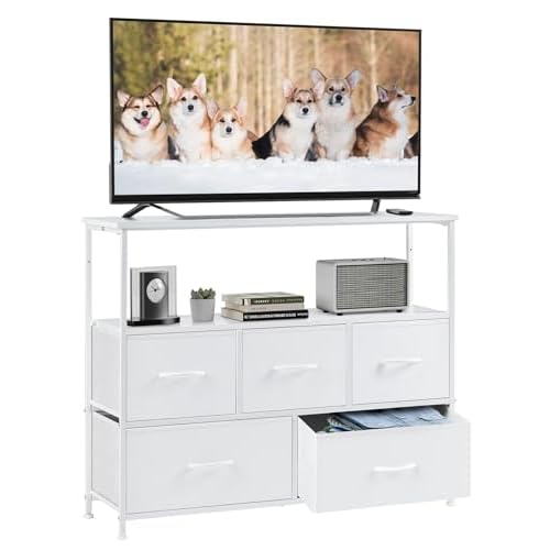 DUMOS TV Stand Dresser for Bedroom Entertainment Center with 5 Fabric Drawers Storage Organizers Units, Media Console Table with Open Shelf up for 45″ Television for Living Room, Dorm, White