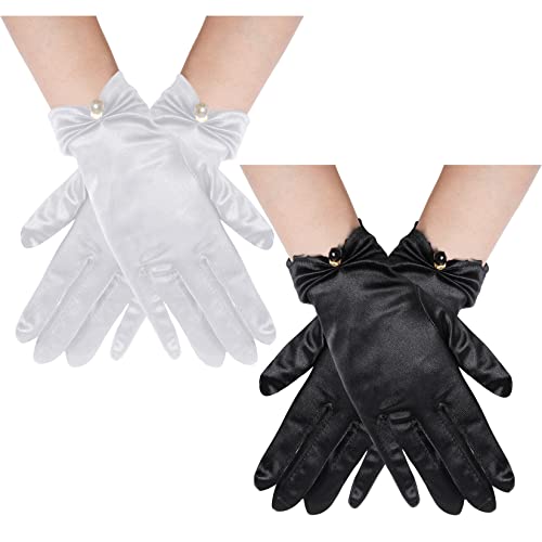 Obmwang 2 Pairs Women'S Short Satin Gloves Women'S Gown Gloves Opera Wedding Banquet Dress Gloves For Wedding Party Costume cover