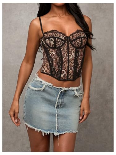 Verdusa Women's Y2K Lace Leopard Print Crop Corset Tops Rave Club Going Out Camisole Tops3