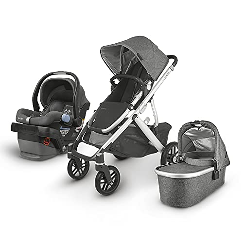 UPPAbaby Vista V2 Stroller - Jordan (Charcoal Melange Silver Black Leather) + Mesa Infant Car Seat - Jordan (Charcoal Melange) Merino Wool