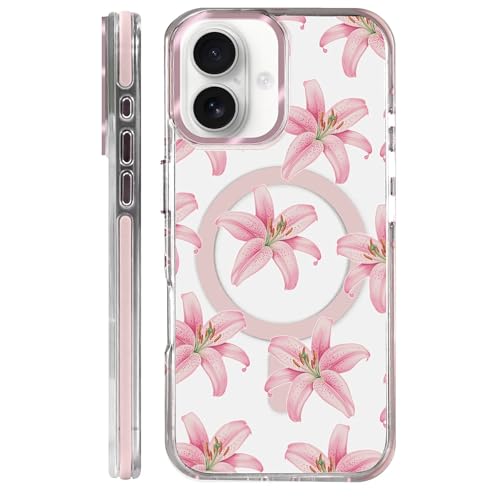 Coque iPhone 16 Plus MagSafe mignon lys rose idée cadeau idéal pour fille