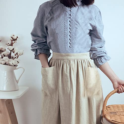 Cityelf Cotton Linen Half Apron For Women With Waist Ties Large Pockets For Cooking Painting Cosplay Stage Performance #TOP4