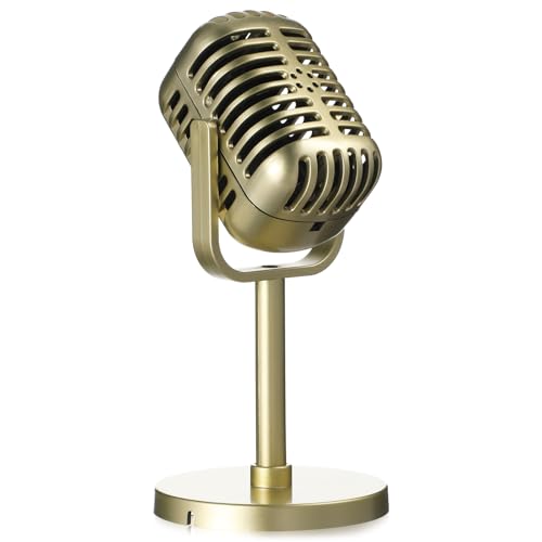 Classic Retro Microphone Prop Halloween Vintage Style Microphone Model with Stand Antique Microphone Decor Fake Microphone Speech Party Toy for Rocker Look Christmas Costume Parties (Vintage Gold)