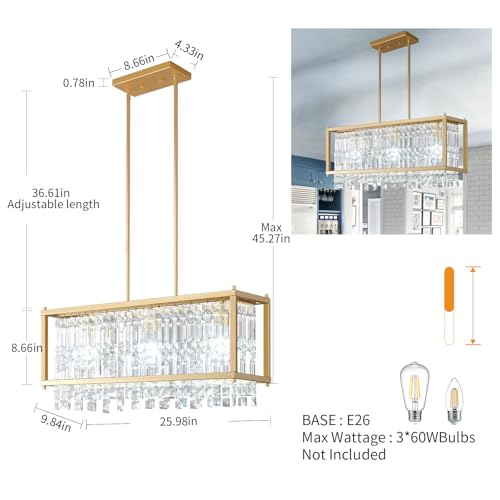 Image of LMQNINE Modern Rectangle Chandelier for Dining Room, Gold Crystal Chandelier Linear Light Fixture, Farmhouse Chandeliers for Kitchen Island, Bar Table, L25.98'' x W9.84'' x H8.66''