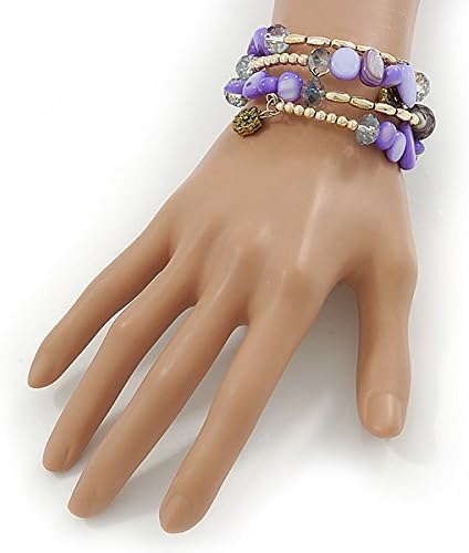 Avalaya Pale purple Shell Nugget, Glass Beads Coil Flext Bracelet - Adjustable, gold, purple - Image 3