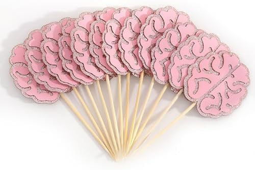 12Pcs Pink Glitter Brain Cupcake Toppers - Medical Themed Birthda...