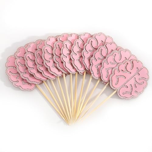 12Pcs Pink Glitter Brain Cupcake Toppers - Medical Themed Birthda...