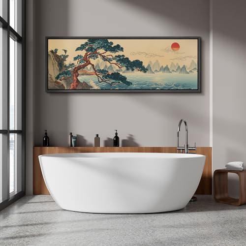 Image of MUDECOR Large Framed Canvas Print Wall Art Traditional Asian Coastal Pine Tree Sunrise Landscape Antique Retro Ready to Hang Painting for Living Room Bedroom Multi-Sizes - 60 inchx20 inch