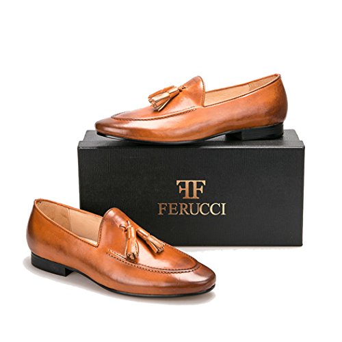 FERUCCI Handmade Men Plain Brown Leather with Brown Tassel Slippers Loafers2