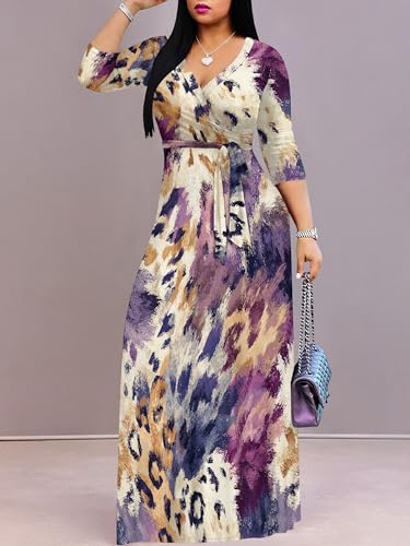 Image of PinkPatty Plus Size Dresses for Curvy Women V Neck Flowy Long Sleeves Wrap Maxi Dress Travel Vacation Outfits