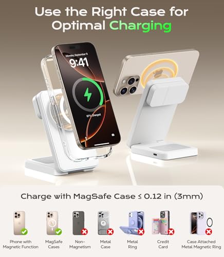 3 in 1 Magnetic Charging Station, 15W Fast Wireless Charger Compatible with MagSafe Charger Stand for iPhone 17 16 15 14 13 12, Apple Watch Charger & AirPods, Foldable Travel Charging Dock, White image 5