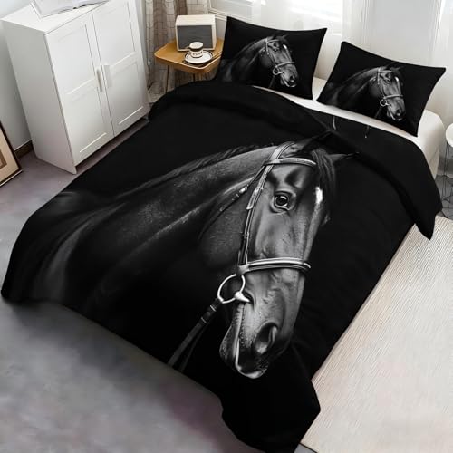 Juego de ropa de cama con diseño de caballo, funda de edredón con cremallera y 2 fundas de almohada (230 x 220 cm)