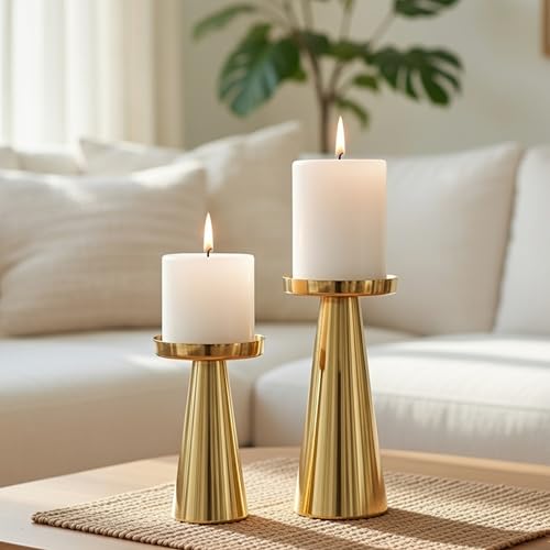 Image of Behoma Handcrafted Gold Metal Pillar Candle Holders Pack of 5 Sets | Decorative Candle Stand Set for Modern Centerpiece for Home Decor, Dining Table, Wedding, Diwali, Christmas & Housewarming Gifts