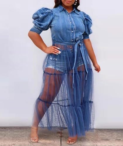 Sexyshine Women's Puff Short Sleeve Button Down Denim Blouse Shirts Sheer Mesh Tulle Patchwork Pleated A-Line Denim Dress3