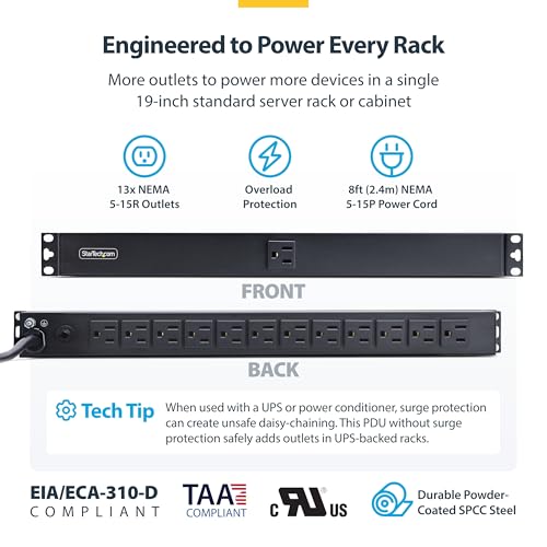 StarTech 13-Tomas PDU 1U, 1 frontal 12 traseras, 120V, TAA (1315B8H-RACK-PDU) miniatura 3